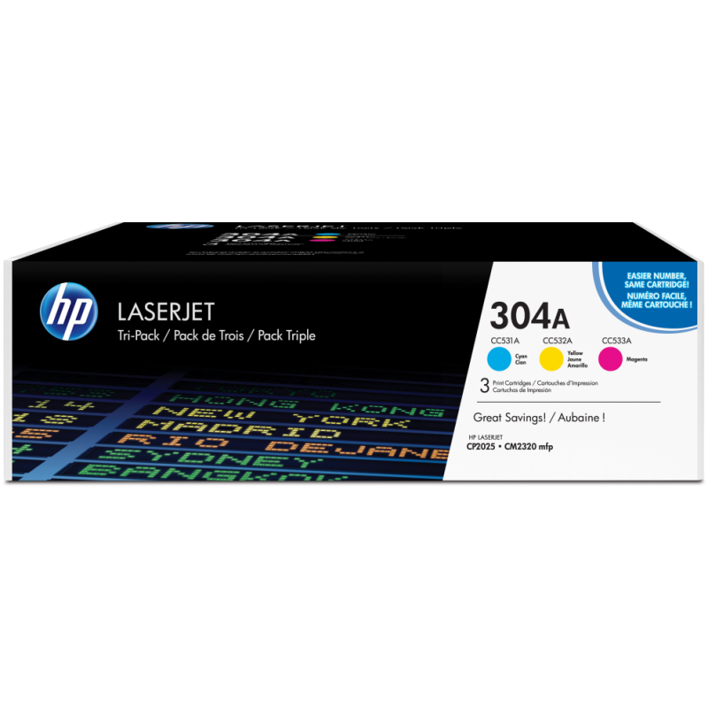 HP Pack de ahorro de 3 cartuchos de tóner original LaserJet 304A cian/magenta/amarillo
