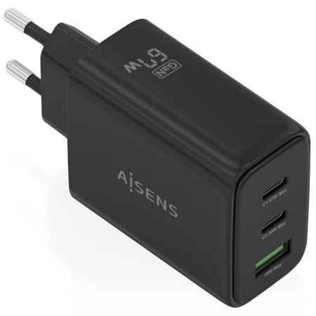 Cargador de Pared GaN Aisens ASCH-67W3P087-BK/ 2xUSB Tipo-C/ 1xUSB/ 67W