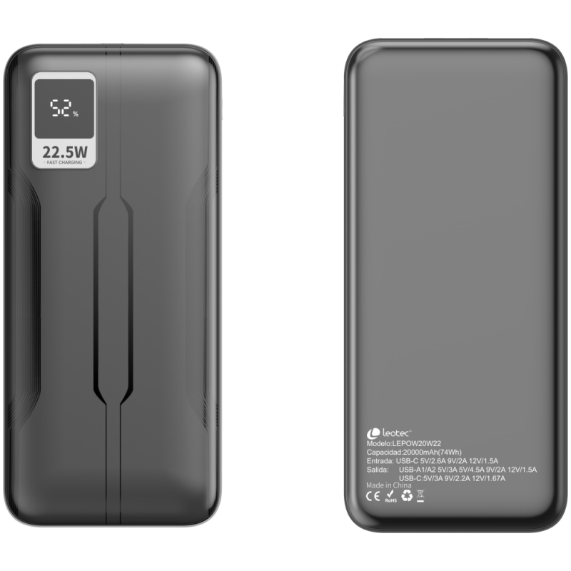 Powerbank 20000mAh Leotec LEPOW20W22K/ 22.5W/ Negra