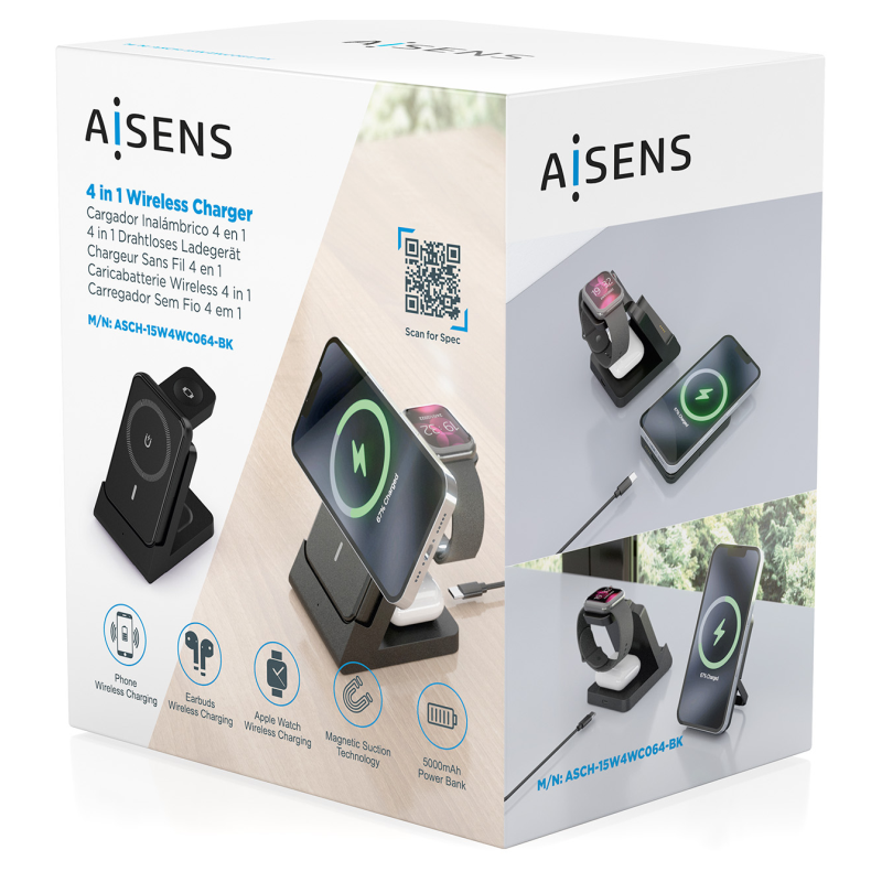 Base de carga Inalámbrica Aisens ASCH-15W4WC064-BK/ 15W/ Negro