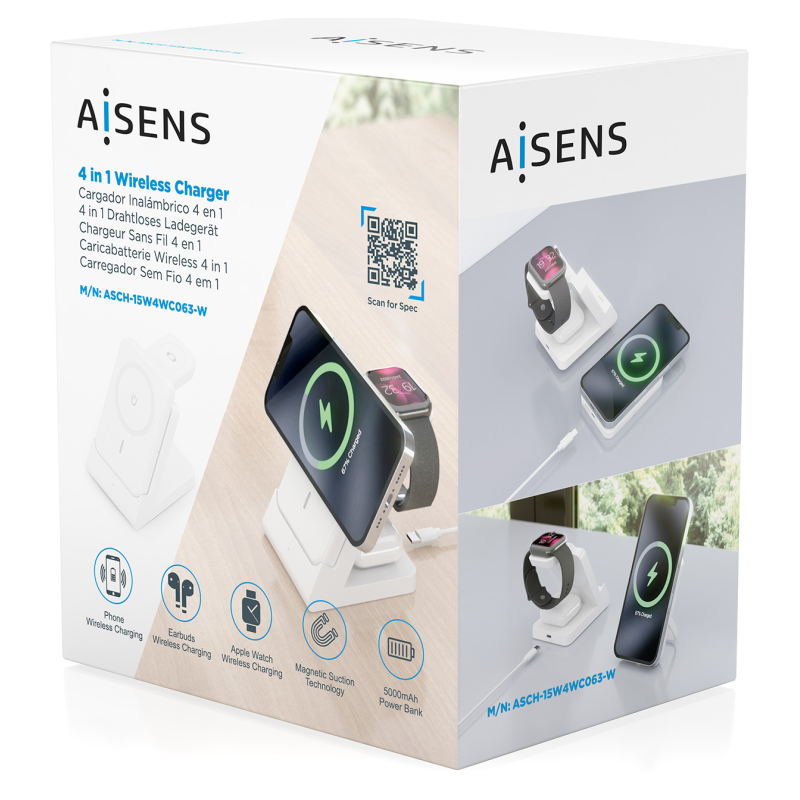 Base de carga Inalámbrica Aisens ASCH-15W4WC063-W/ 15W/ Blanco