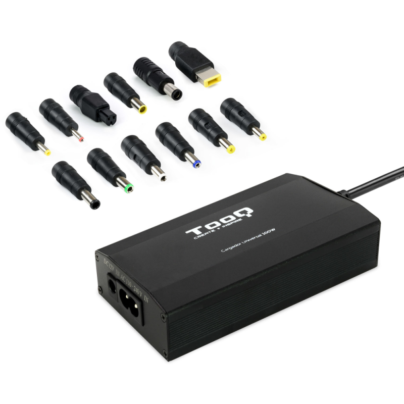 Cargador de Portátil TooQ TQLC-100BS01M/ 100W/ Manual/ 12 Conectores/ Voltaje 12-24V/ 1 USB