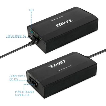 Cargador de Portátil TooQ TQLC-100BS01M/ 100W/ Manual/ 12 Conectores/ Voltaje 12-24V/ 1 USB