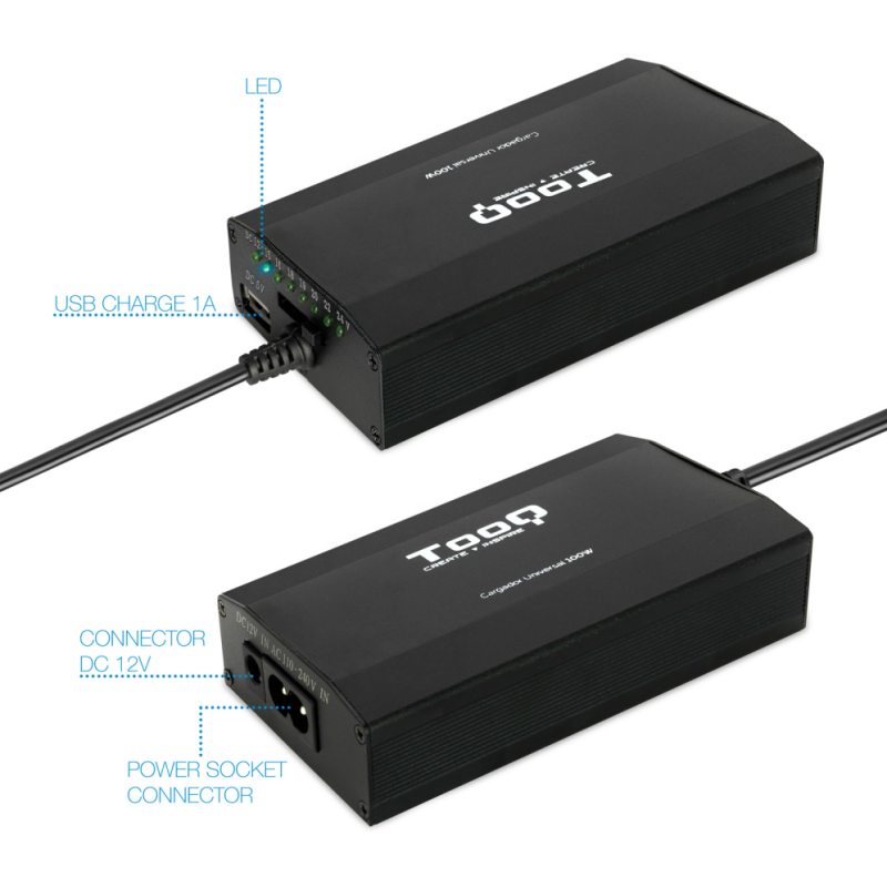 Cargador de Portátil TooQ TQLC-100BS01M/ 100W/ Manual/ 12 Conectores/ Voltaje 12-24V/ 1 USB