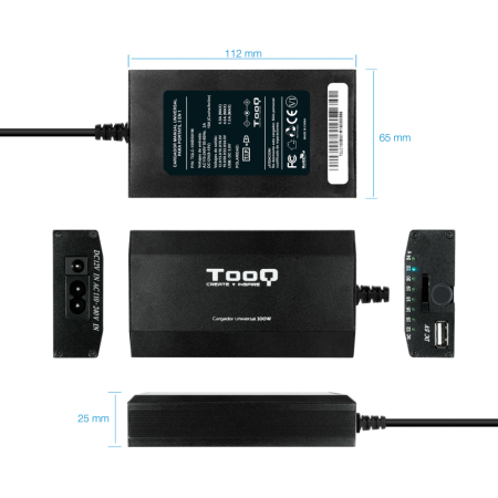 Cargador de Portátil TooQ TQLC-100BS01M/ 100W/ Manual/ 12 Conectores/ Voltaje 12-24V/ 1 USB