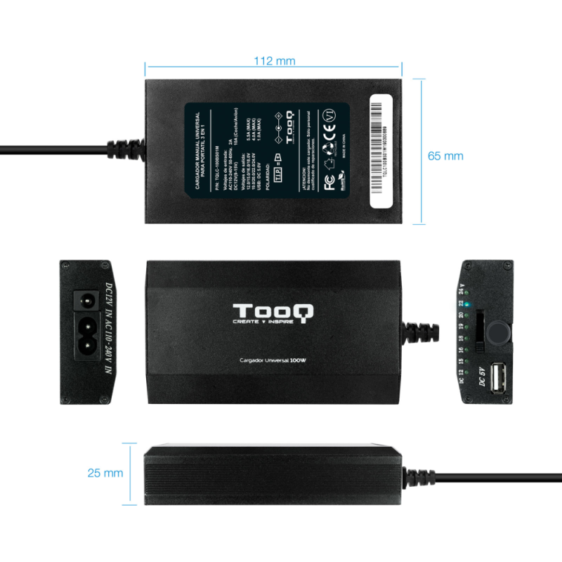 Cargador de Portátil TooQ TQLC-100BS01M/ 100W/ Manual/ 12 Conectores/ Voltaje 12-24V/ 1 USB