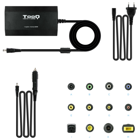 Cargador de Portátil TooQ TQLC-100BS01M/ 100W/ Manual/ 12 Conectores/ Voltaje 12-24V/ 1 USB