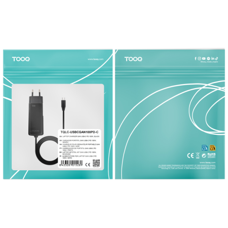 Cargador de Portátil GaN TooQ TQLC-USBCGAN100PD-C USB Tipo-C/ 100W/ Automático/ Voltaje 5-20V