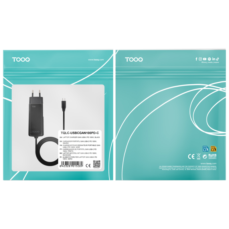 Cargador de Portátil GaN TooQ TQLC-USBCGAN100PD-C USB Tipo-C/ 100W/ Automático/ Voltaje 5-20V
