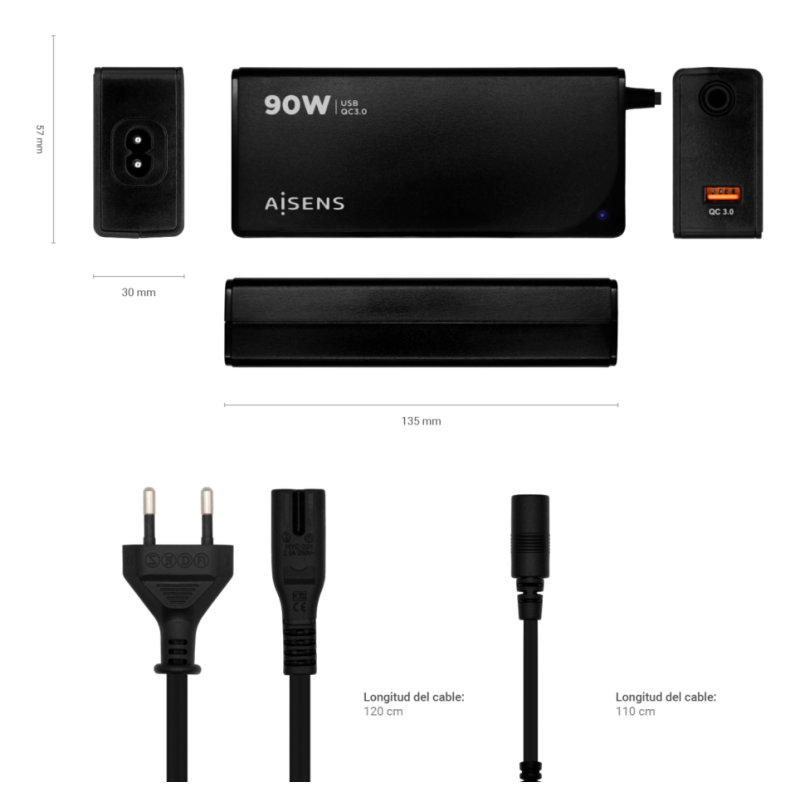 Cargador de Portátil Aisens ASLC-90WAUTO-BK/ 90W/ Automático/ 12 Conectores/ Voltaje 15-20V/ 1 USB QC3.0