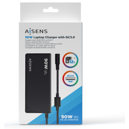 Cargador de Portátil Aisens ASLC-90WAUTO-BK/ 90W/ Automático/ 12 Conectores/ Voltaje 15-20V/ 1 USB QC3.0