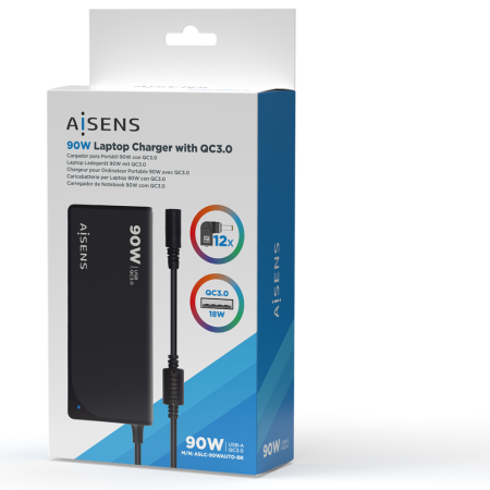 Cargador de Portátil Aisens ASLC-90WAUTO-BK/ 90W/ Automático/ 12 Conectores/ Voltaje 15-20V/ 1 USB QC3.0