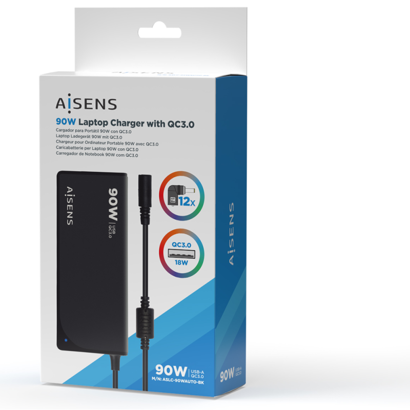 Cargador de Portátil Aisens ASLC-90WAUTO-BK/ 90W/ Automático/ 12 Conectores/ Voltaje 15-20V/ 1 USB QC3.0