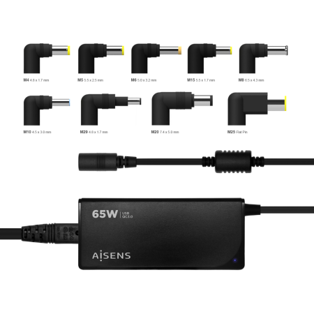 Cargador de Portátil Aisens ASLC-65WAUTO-BK/ 65W/ Automático/ 9 Conectores/ Voltaje 18.5-20V/ 1 USB QC3.0