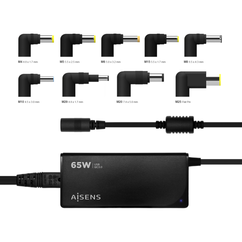 Cargador de Portátil Aisens ASLC-65WAUTO-BK/ 65W/ Automático/ 9 Conectores/ Voltaje 18.5-20V/ 1 USB QC3.0