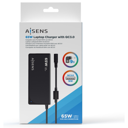 Cargador de Portátil Aisens ASLC-65WAUTO-BK/ 65W/ Automático/ 9 Conectores/ Voltaje 18.5-20V/ 1 USB QC3.0