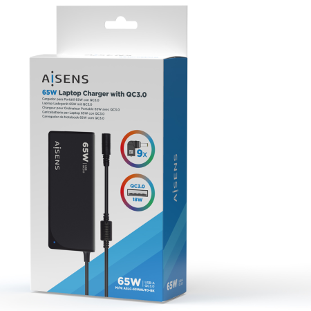 Cargador de Portátil Aisens ASLC-65WAUTO-BK/ 65W/ Automático/ 9 Conectores/ Voltaje 18.5-20V/ 1 USB QC3.0