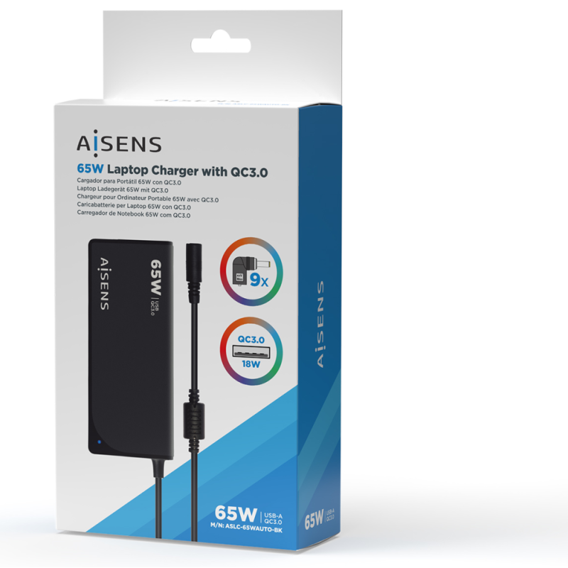 Cargador de Portátil Aisens ASLC-65WAUTO-BK/ 65W/ Automático/ 9 Conectores/ Voltaje 18.5-20V/ 1 USB QC3.0