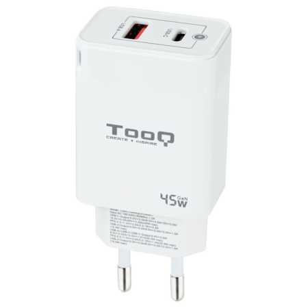 Cargador de Pared GaN TooQ TQWC-GANQCPD45WT/ 1xUSB Tipo-C/ 1xUSB/ 45W