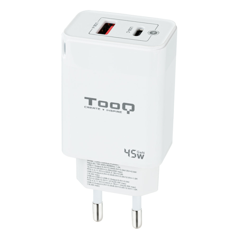 Cargador de Pared GaN TooQ TQWC-GANQCPD45WT/ 1xUSB Tipo-C/ 1xUSB/ 45W