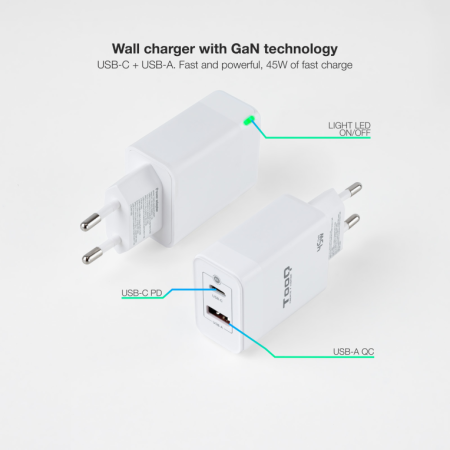 Cargador de Pared GaN TooQ TQWC-GANQCPD45WT/ 1xUSB Tipo-C/ 1xUSB/ 45W