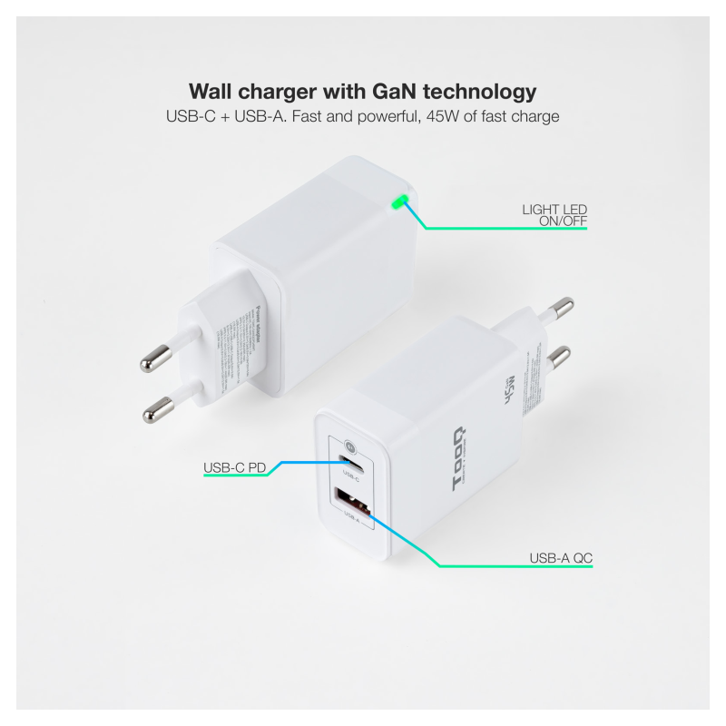 Cargador de Pared GaN TooQ TQWC-GANQCPD45WT/ 1xUSB Tipo-C/ 1xUSB/ 45W