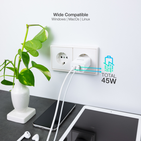 Cargador de Pared GaN TooQ TQWC-GANQCPD45WT/ 1xUSB Tipo-C/ 1xUSB/ 45W