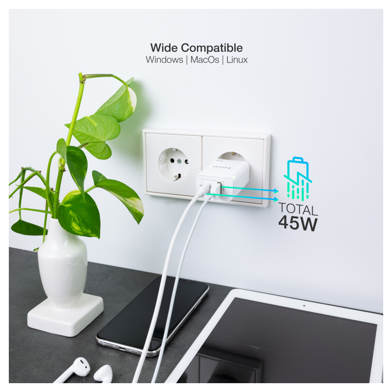 Cargador de Pared GaN TooQ TQWC-GANQCPD45WT/ 1xUSB Tipo-C/ 1xUSB/ 45W