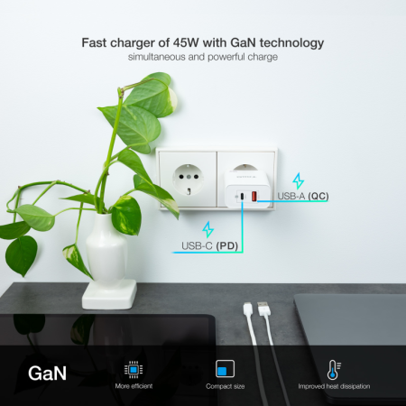 Cargador de Pared GaN TooQ TQWC-GANQCPD45WT/ 1xUSB Tipo-C/ 1xUSB/ 45W