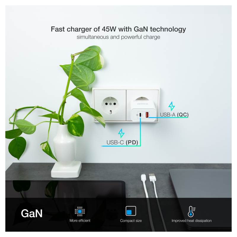 Cargador de Pared GaN TooQ TQWC-GANQCPD45WT/ 1xUSB Tipo-C/ 1xUSB/ 45W