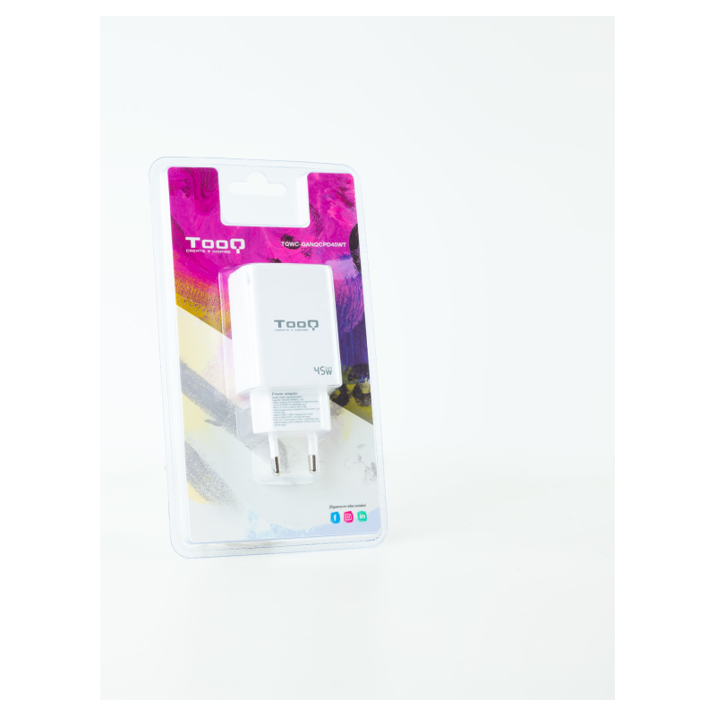 Cargador de Pared GaN TooQ TQWC-GANQCPD45WT/ 1xUSB Tipo-C/ 1xUSB/ 45W