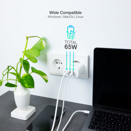 Cargador de Pared GaN TooQ TQWC-GANQC2PD65WT/ 2xUSB Tipo-C/ 1xUSB/ 65W
