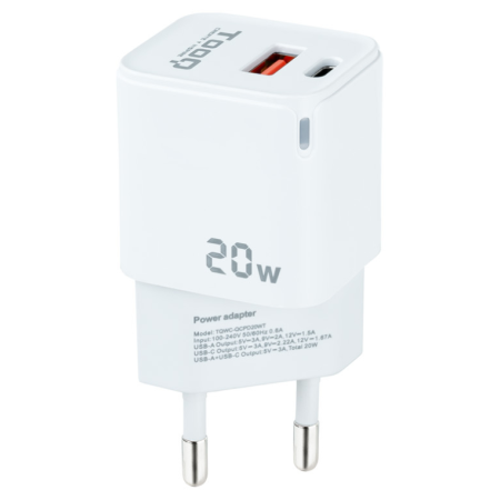 Cargador de Pared TooQ TQWC-QCPD20WT/ 1xUSB-Tipo C/ 1x USB/ 20W/ Blanco