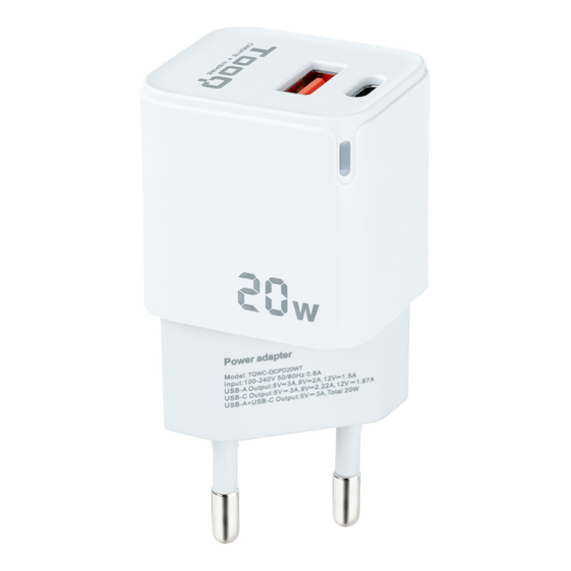 Cargador de Pared TooQ TQWC-QCPD20WT/ 1xUSB-Tipo C/ 1x USB/ 20W/ Blanco