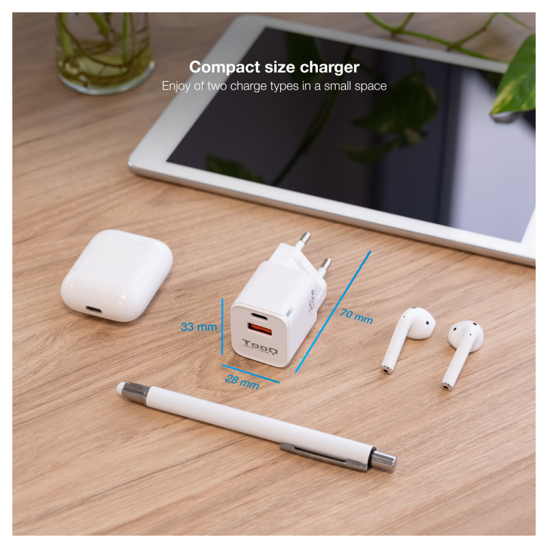 Cargador de Pared TooQ TQWC-QCPD20WT/ 1xUSB-Tipo C/ 1x USB/ 20W/ Blanco