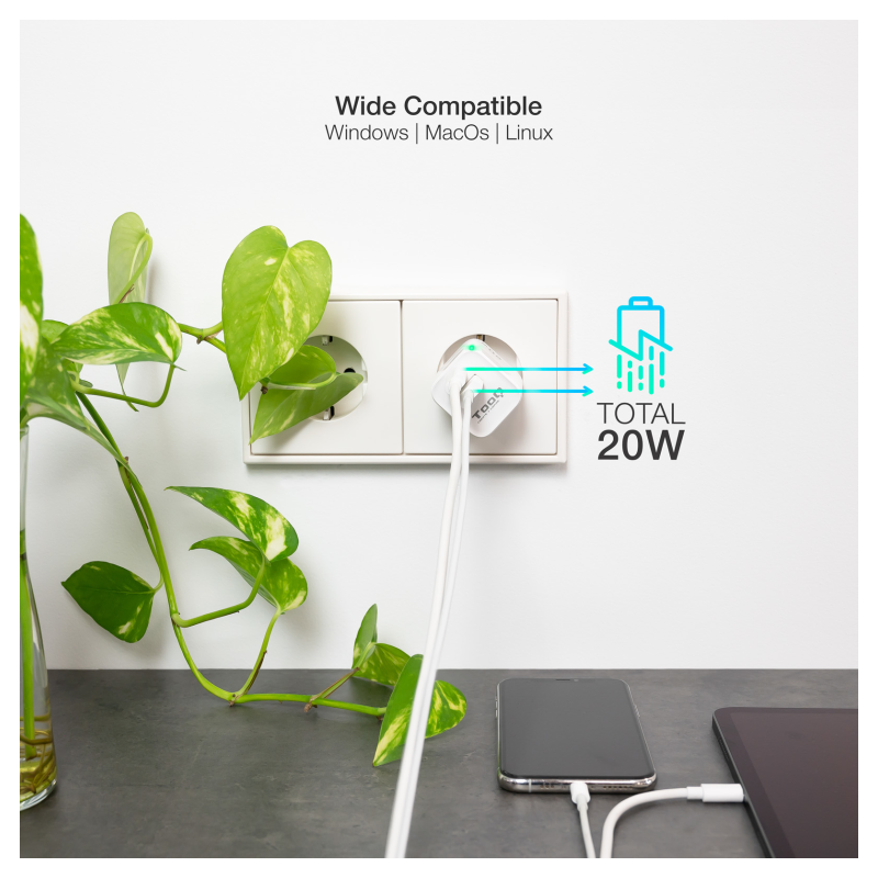 Cargador de Pared TooQ TQWC-QCPD20WT/ 1xUSB-Tipo C/ 1x USB/ 20W/ Blanco
