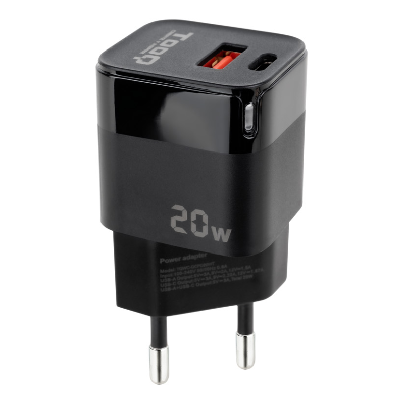 Cargador de Pared TooQ TQWC-QCPD20/ 1xUSB Tipo-C/ 1xUSB/ 20W