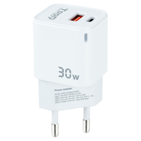 Cargador de Pared GaN TooQ TQWC-GANQCPD30WT/ 1xUSB Tipo-C/ 1xUSB/ 30W