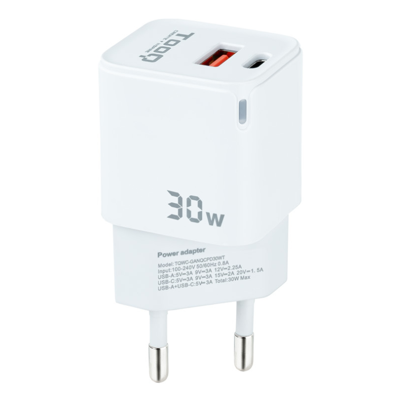 Cargador de Pared GaN TooQ TQWC-GANQCPD30WT/ 1xUSB Tipo-C/ 1xUSB/ 30W