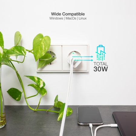 Cargador de Pared GaN TooQ TQWC-GANQCPD30WT/ 1xUSB Tipo-C/ 1xUSB/ 30W