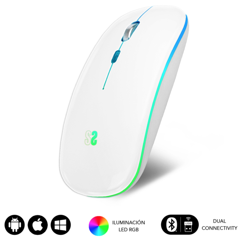 Ratón Inalámbrico por Bluetooth Subblim LED Dual Flat/ Batería recargable/ Hasta 1600 DPI/ Blanco
