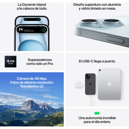 Apple iPhone 15 15,5 cm (6.1″) SIM doble iOS 17 5G USB Tipo C 256 GB Azul