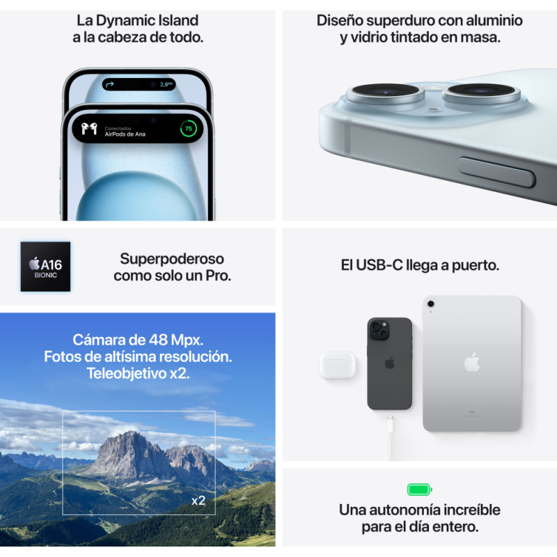 Apple iPhone 15 15,5 cm (6.1″) SIM doble iOS 17 5G USB Tipo C 256 GB Azul