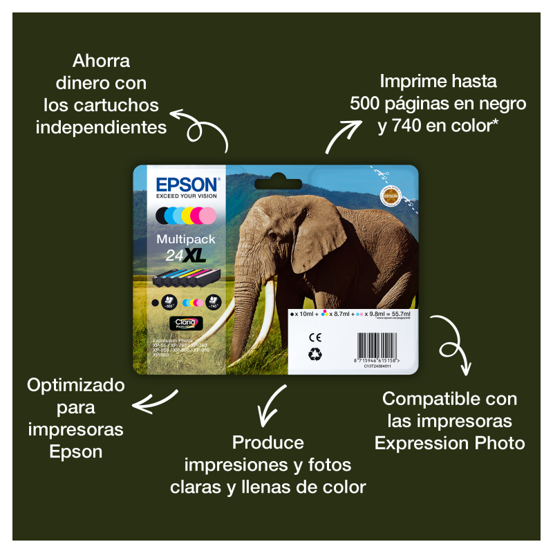 Epson Elephant Tinta magenta 24XL Claria Photo HD Elefantes