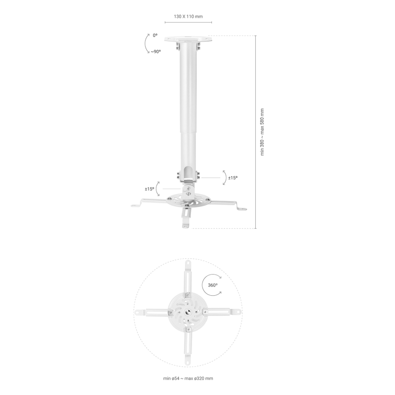 AISENS Soporte Universal Giratorio, Inclinable y Extensible de Techo para Proyector 13.5Kg, Blanco