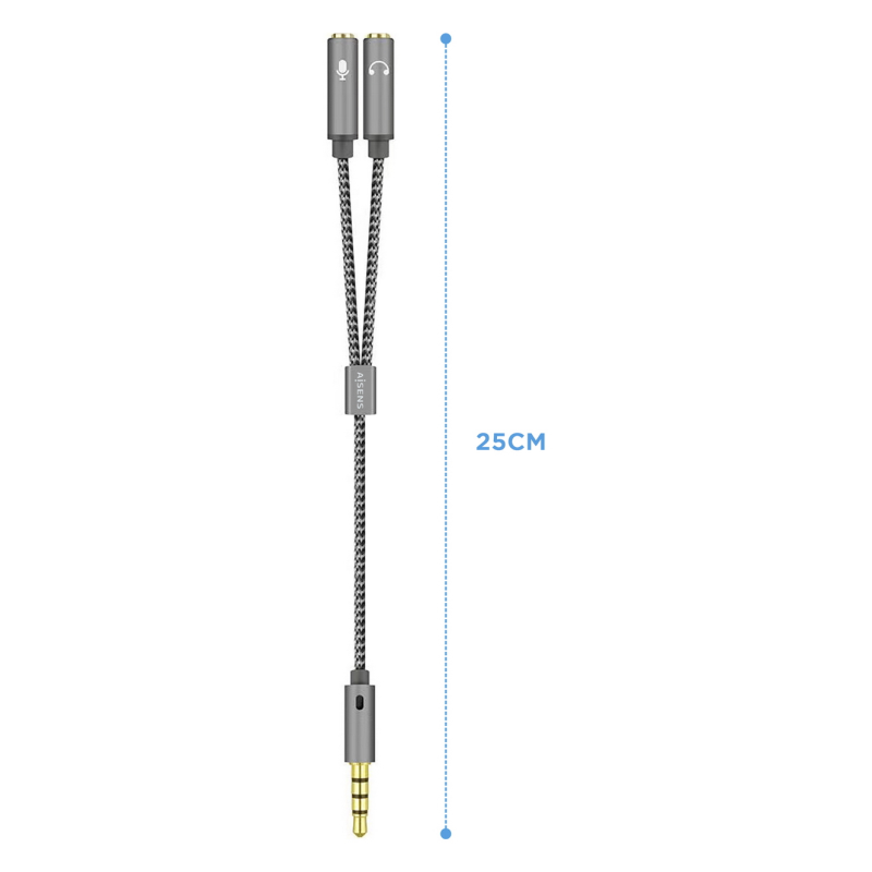 AISENS Cable Adaptador Audio Jack 3.5 4pines/M-2xjack 3.5 3pines/H, Gris, 25cm