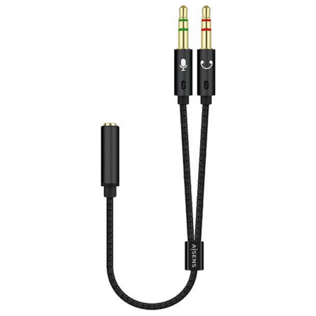 AISENS Cable Adaptador Audio Jack 3.5 4pines/H-2xjack 3.5 3pines/M, Negro, 25cm
