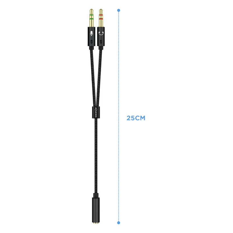 AISENS Cable Adaptador Audio Jack 3.5 4pines/H-2xjack 3.5 3pines/M, Negro, 25cm