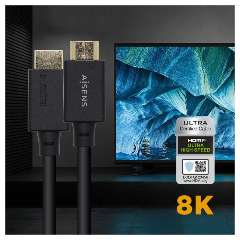 AISENS Cable HDMI V2.1 Ultra Alta Velocidad / HEC Certificado 8k@60Hz 48Gbps, A/M-A/M, Negro, 1.0m