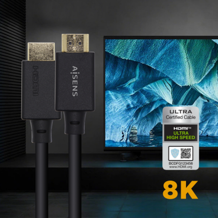 AISENS Cable HDMI V2.1 Ultra Alta Velocidad / HEC Certificado 8k@60Hz 48Gbps, A/M-A/M, Negro, 2.0m
